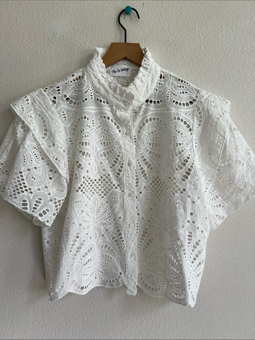 THE NU VINTAGE Boutique Cotton Eyelet Broderie Anglaise S-Sleeve Blouse White L